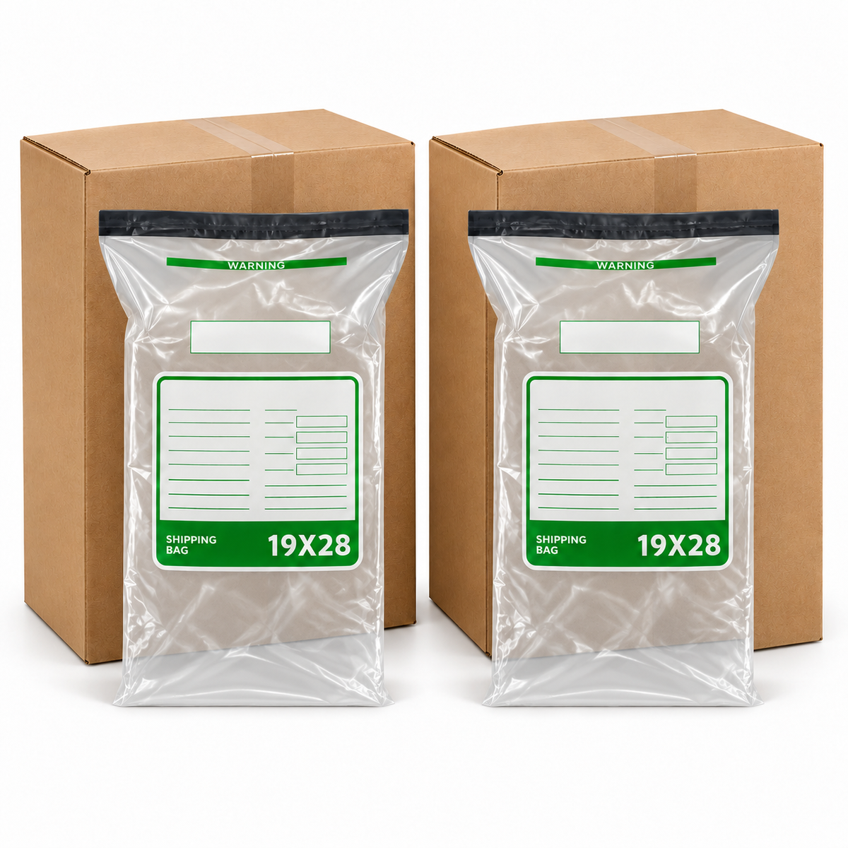 Two clear plastic shipping bags with green and white labels reading 'WARNING' and '19X28' are shown in front of two brown cardboard boxes on a white background.