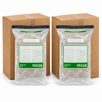 Two clear plastic shipping bags with green and white labels reading 'WARNING' and '19X28' are shown in front of two brown cardboard boxes on a white background.