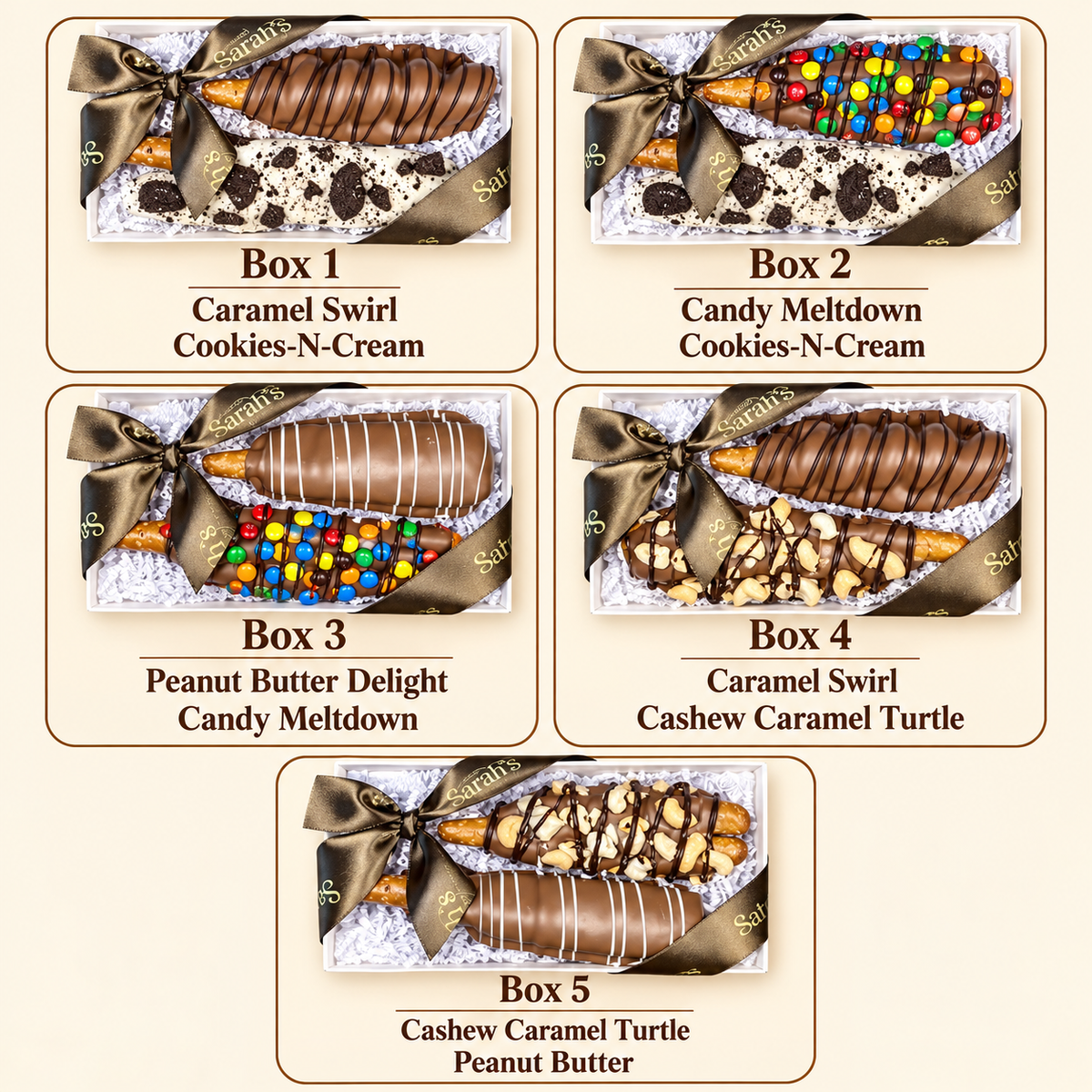 Guide to the five gluten-free chocolate-covered pretzel flavor pairings included in Sarah’s five-box gift bundle