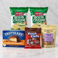 Tastykake Kandy Kakes, Peanut Chews, cashews and two bags of Herr’s Sour Cream & Onion chips from the Philly Favorites Gift Bag.