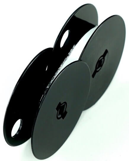 Front view of GRC T4 UNIVERSAL TYPEWRITER RIBBON SPOOL; BLACK NYLON CLOTH WITH WHITE CORRECTION TAPE