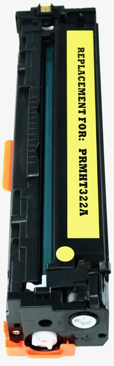 This is the left side view of the Hewlett Packard 128A yellow replacement laserjet toner cartridge by NXT Premium toner