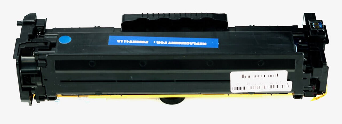 This is the back view of the Hewlett Packard 305A Cyan replacement laserjet toner cartridge by NXT Premium toner