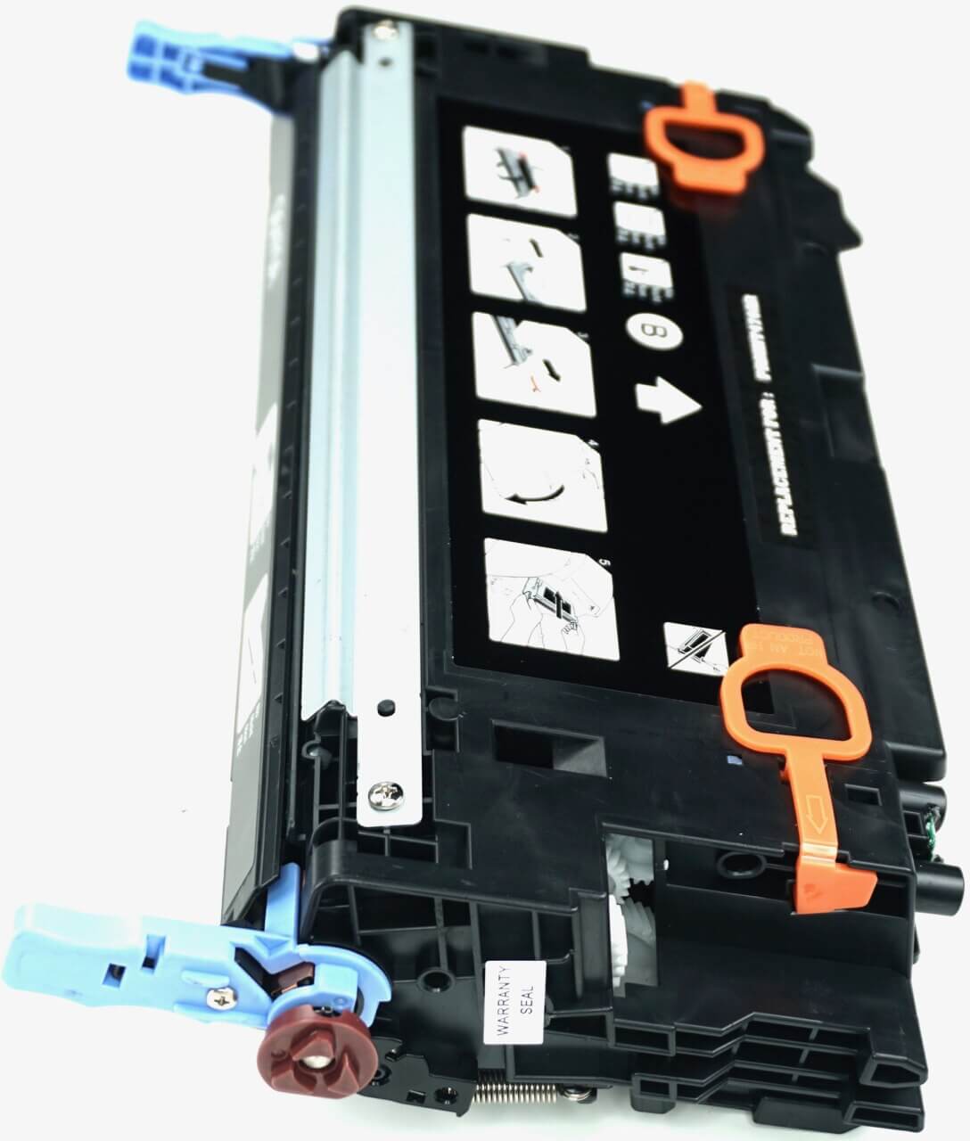 This is the right side view of the Hewlett Packard 501A black replacement laserjet toner cartridge by NXT Premium toner