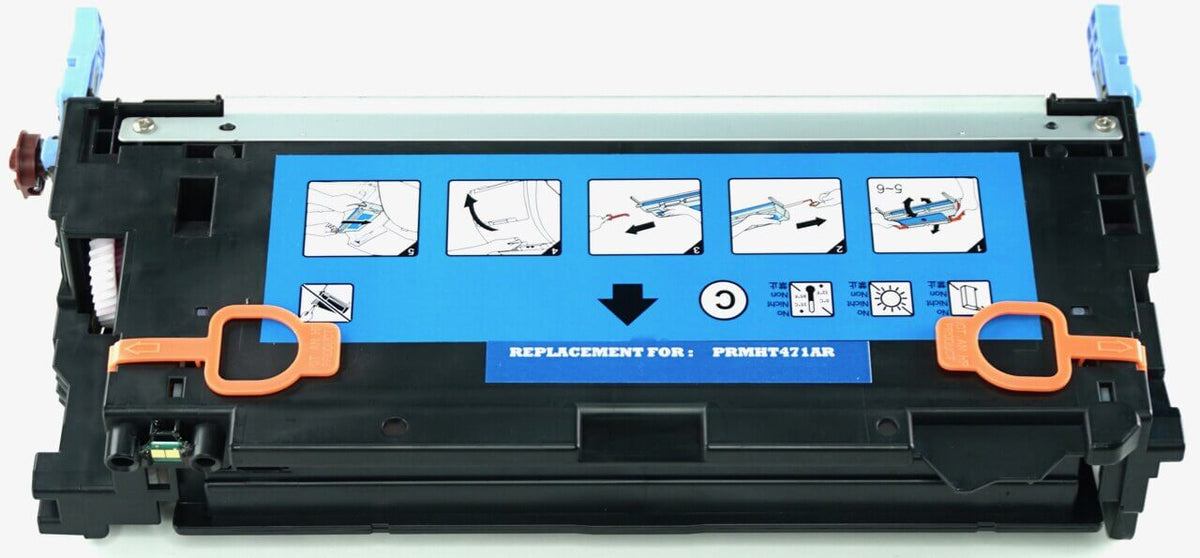 This is the back view of the Hewlett Packard 502A cyan replacement laserjet toner cartridge by NXT Premium toner
