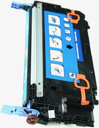 This is the left side view of the Hewlett Packard 502A cyan replacement laserjet toner cartridge by NXT Premium toner