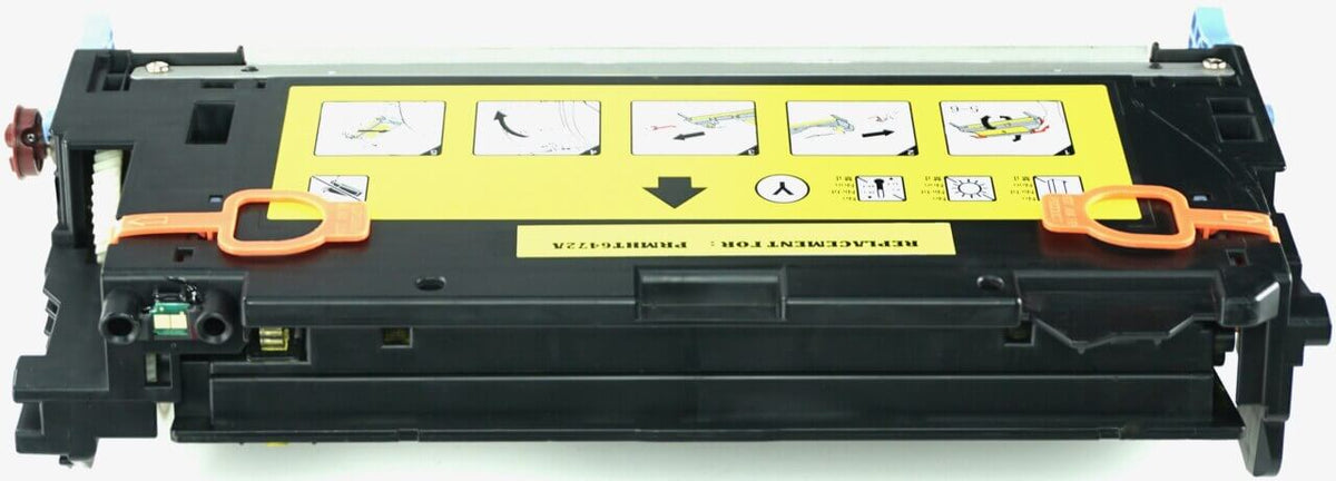 This is the back view of the Hewlett Packard 502A yellow replacement laserjet toner cartridge by NXT Premium toner
