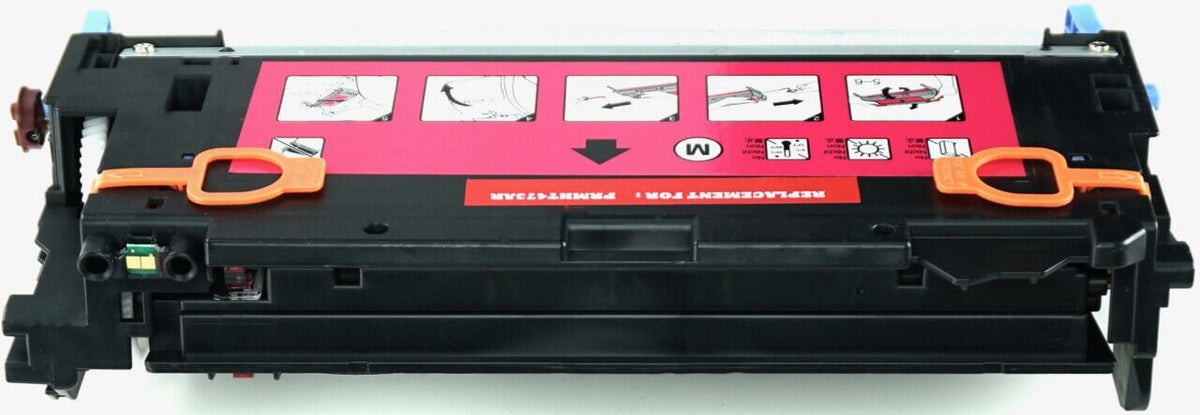 This is the back view of the Hewlett Packard 502A magenta replacement laserjet toner cartridge by NXT Premium toner
