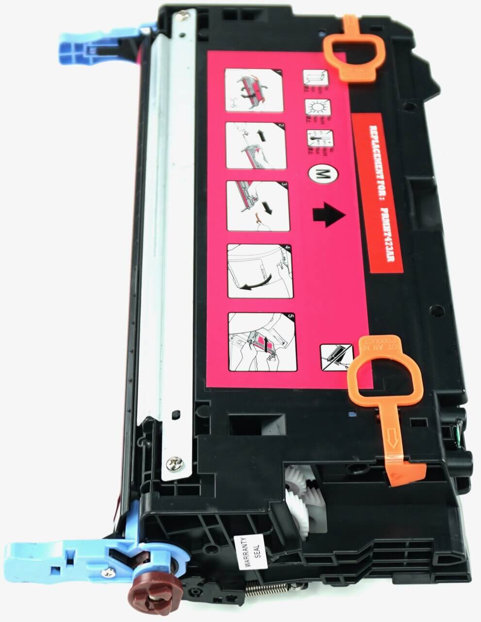 This is the left side view of the Hewlett Packard 502A magenta replacement laserjet toner cartridge by NXT Premium toner