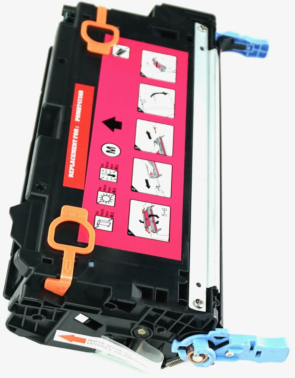 This is the right side view of the Hewlett Packard 502A magenta replacement laserjet toner cartridge by NXT Premium toner