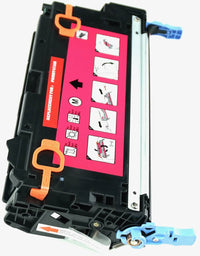 This is the right side view of the Hewlett Packard 502A magenta replacement laserjet toner cartridge by NXT Premium toner