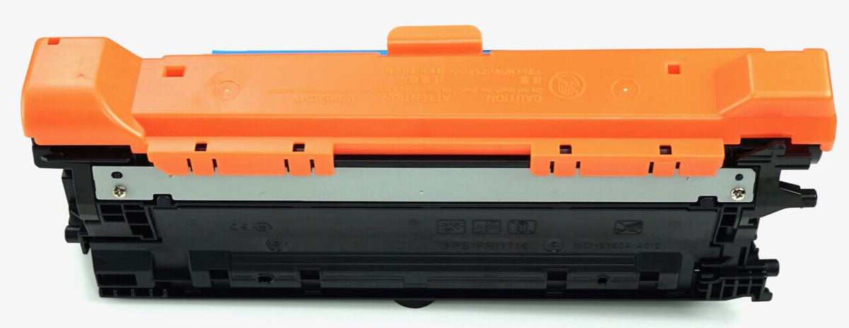 This is the back view of the Hewlett Packard 504A cyan replacement laserjet toner cartridge by NXT Premium toner