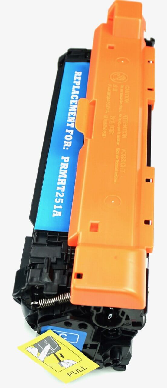 This is the right side view of the Hewlett Packard 504A cyan replacement laserjet toner cartridge by NXT Premium toner
