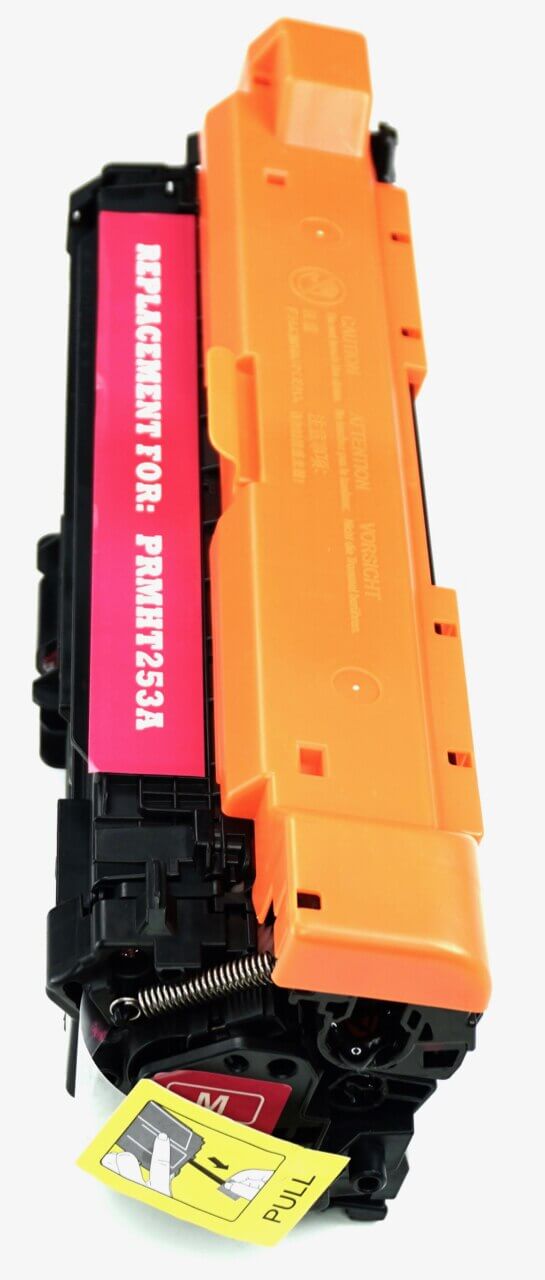 This is the right side view of the Hewlett Packard 504A magenta replacement laserjet toner cartridge by NXT Premium toner