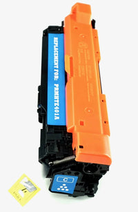 This is the second side view of the Hewlett Packard 507A cyan replacement laserjet toner cartridge by NXT Premium toner