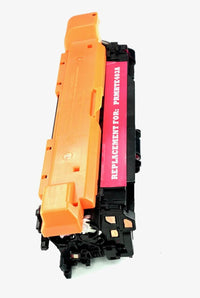 This is the side view of the Hewlett Packard 507A Magenta replacement laserjet toner cartridge by NXT Premium toner
