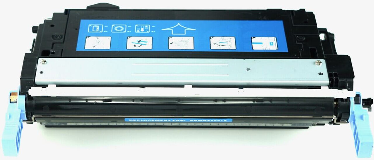 This is the front view of the Hewlett Packard 643A cyan replacement laserjet toner cartridge by NXT Premium toner