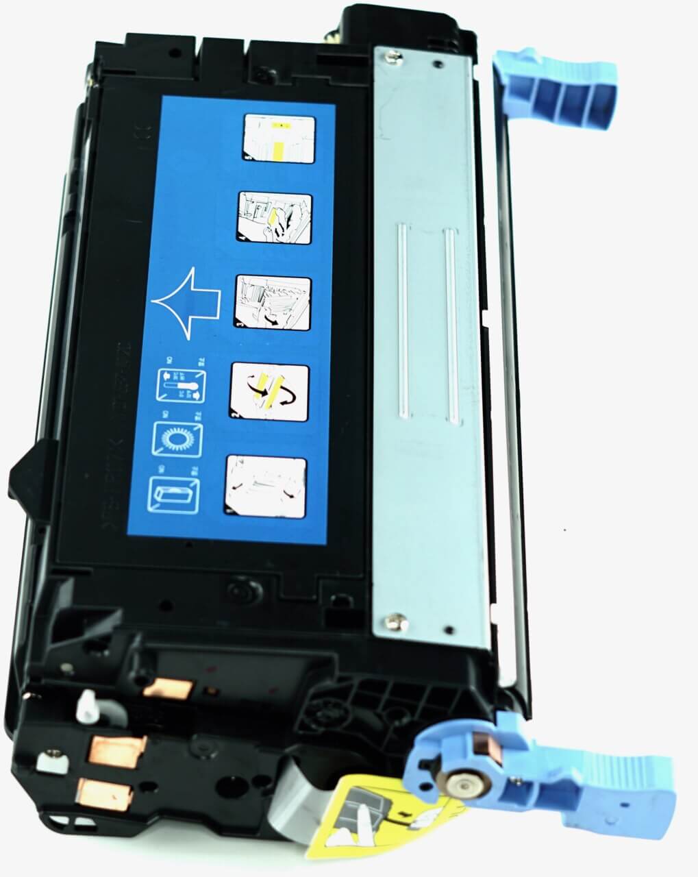 This is the left side view of the Hewlett Packard 643A yellow replacement laserjet toner cartridge by NXT Premium toner