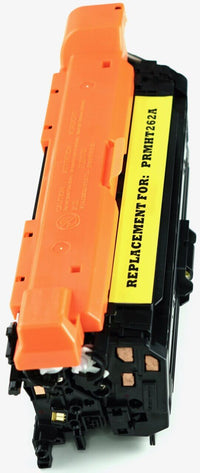 This is the left side view of the Hewlett Packard 648A yellow replacement laserjet toner cartridge by NXT Premium toner