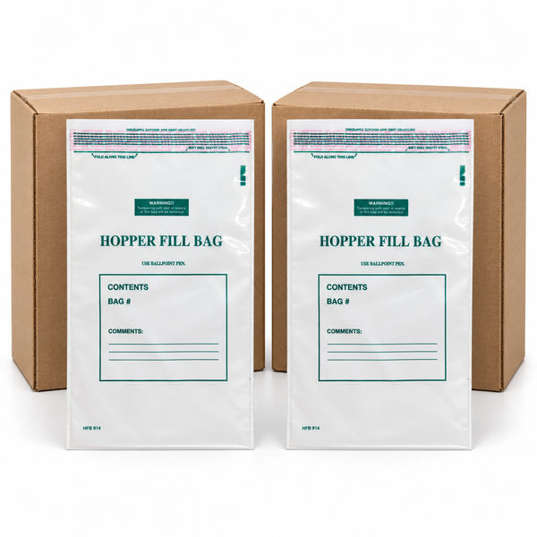 Two white Hopper Fill Bags with green text, displayed in front of two brown cardboard boxes on a white background.