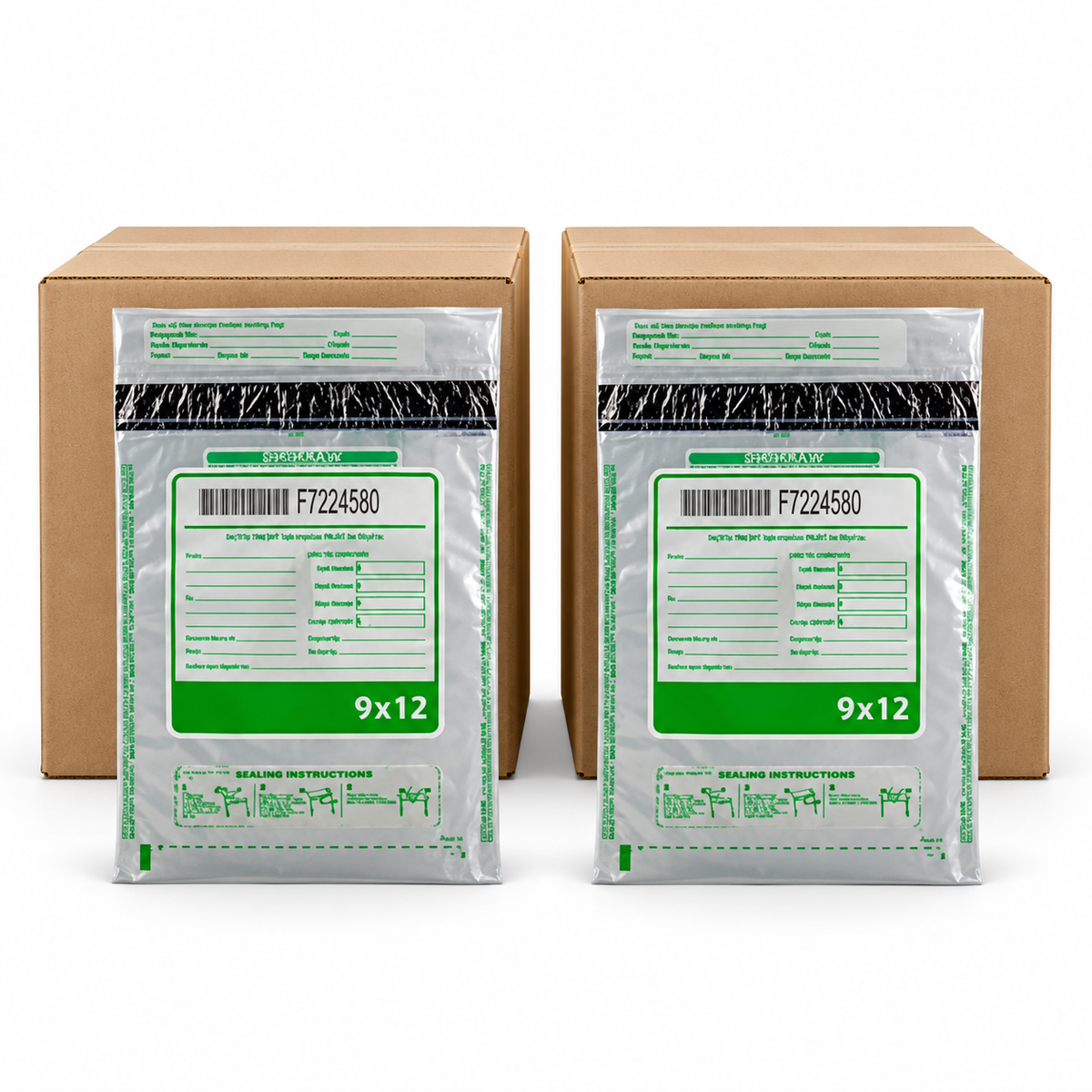 Two brown cardboard boxes behind two clear plastic mailing bags with green and white labels reading 9x12, shown on a white background.