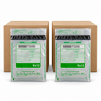 Two brown cardboard boxes behind two clear plastic mailing bags with green and white labels reading 9x12, shown on a white background.