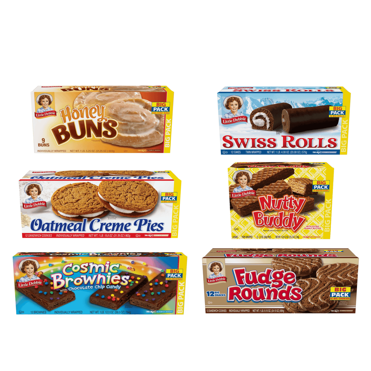 This Little Debbie Big Pack Variety Bundle features six boxes of Little Debbie favorites. Included with this purchase will be one box each of Oatmeal Creme Pies, Honey Buns, Swiss Rolls, Fudge Rounds, Cosmic Brownies and a box of Nutty Buddy.