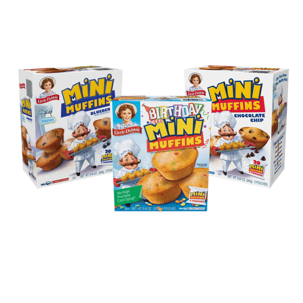 Little Debbie Mini Muffin Variety Pack includes 1 box each of Birthday Cake, Blueberry, and Chocolate Chip Mini Muffins