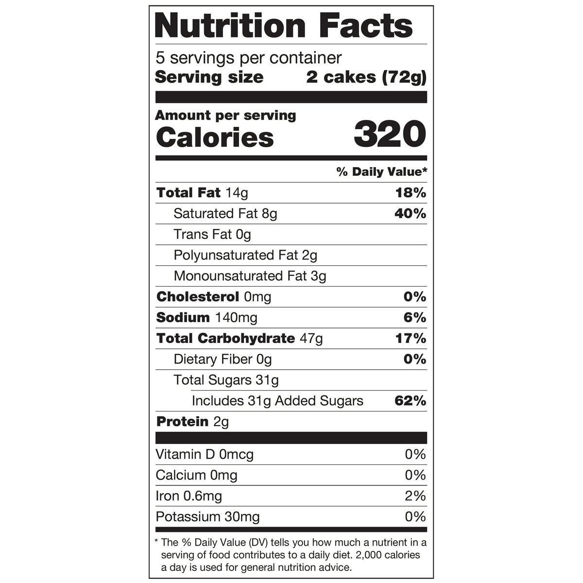 Nutrition Facts for Little Debbie Fall Party Cakes showing 320 calories per two-cake serving