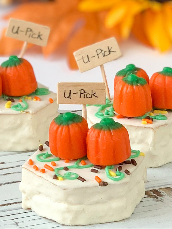 Little Debbie Fall Party Cakes decorated with candy pumpkins and U-Pick signs for a fall serving idea