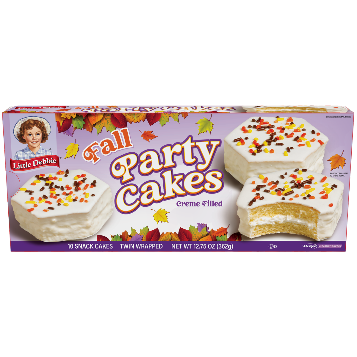 Front view of Little Debbie Vanilla Fall Party Cakes with white icing and colorful autumn sprinkles