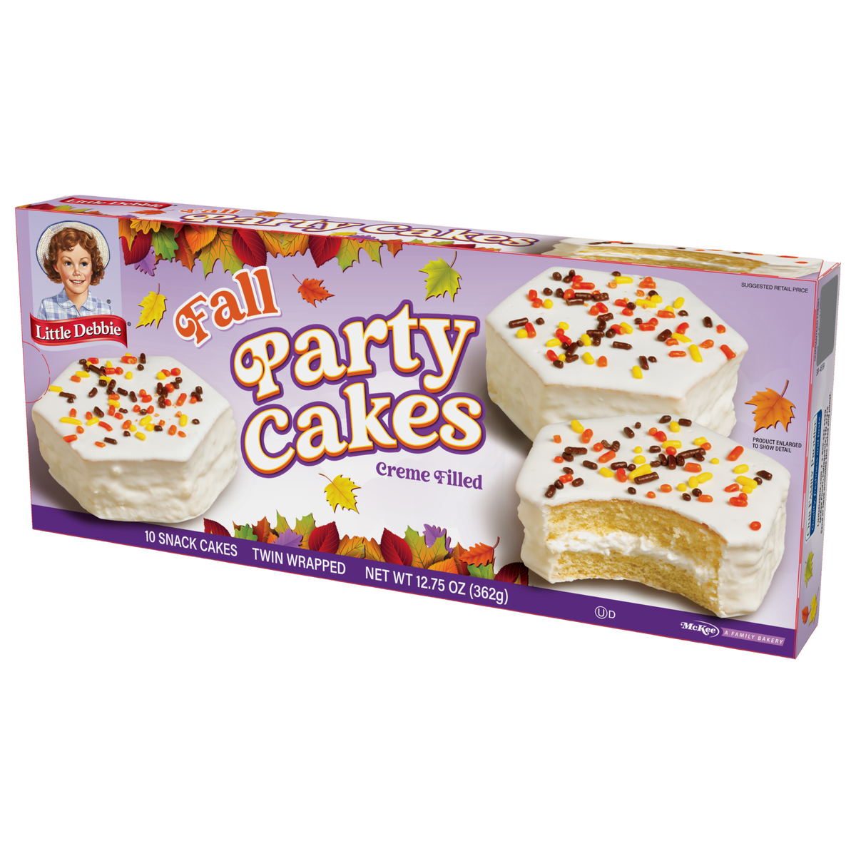 Left-angle view of one Little Debbie Vanilla Fall Party Cakes box containing 10 twin-wrapped snack cakes