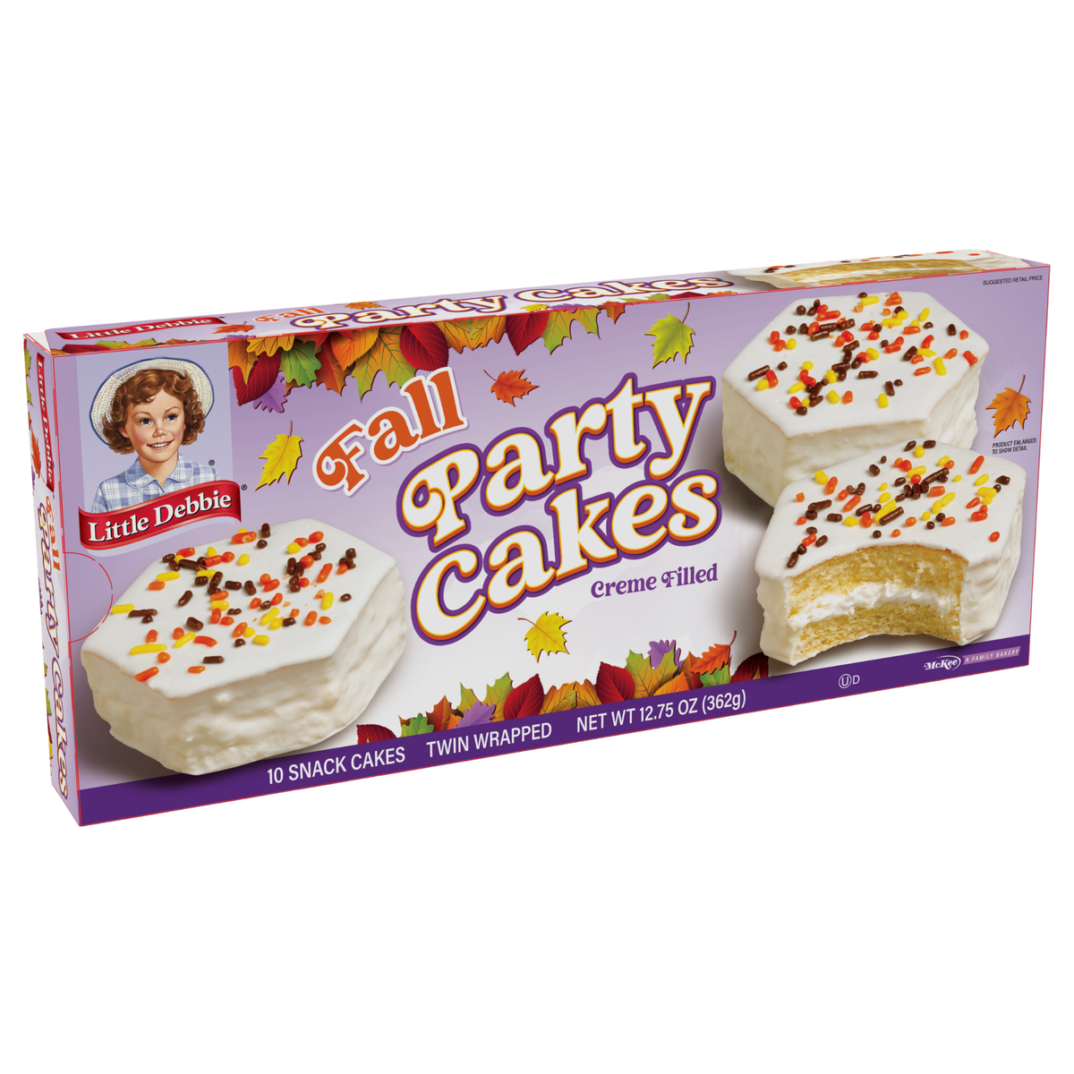 Right-angle view of a Little Debbie Fall Party Cakes box showing creme-filled vanilla snack cakes