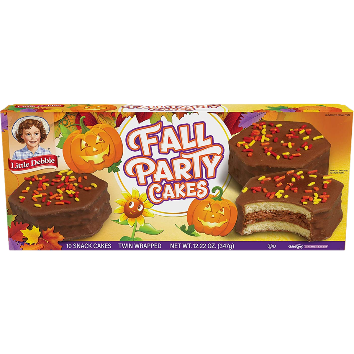 Front view of a Little Debbie Chocolate Fall Party Cakes box containing 10 twin-wrapped snack cakes