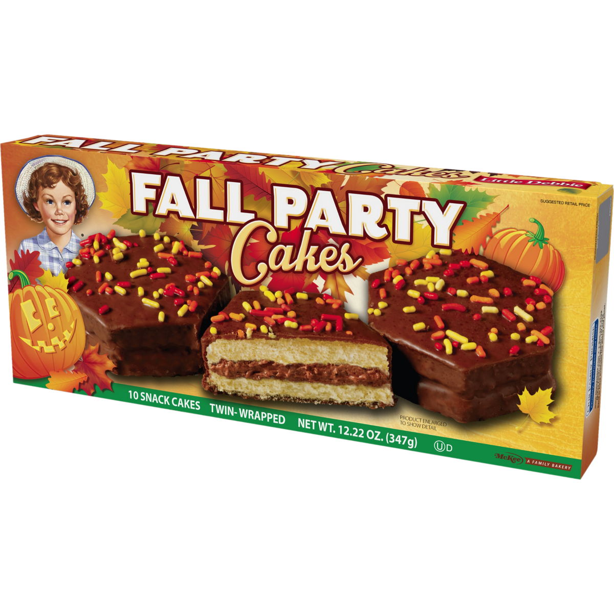Left-angle view of Little Debbie Chocolate Fall Party Cakes with fudge icing and autumn sprinkles