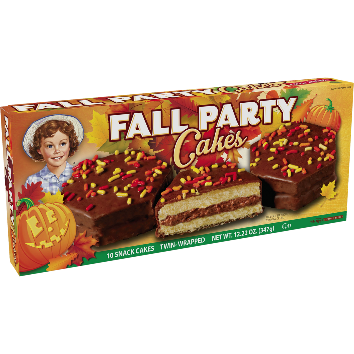 Right-angle view of Little Debbie Chocolate Fall Party Cakes showing yellow cake and chocolate creme filling