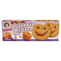 Front view of Little Debbie Pumpkin Delights 8-count box with soft pumpkin cookies and visible pumpkin filling.