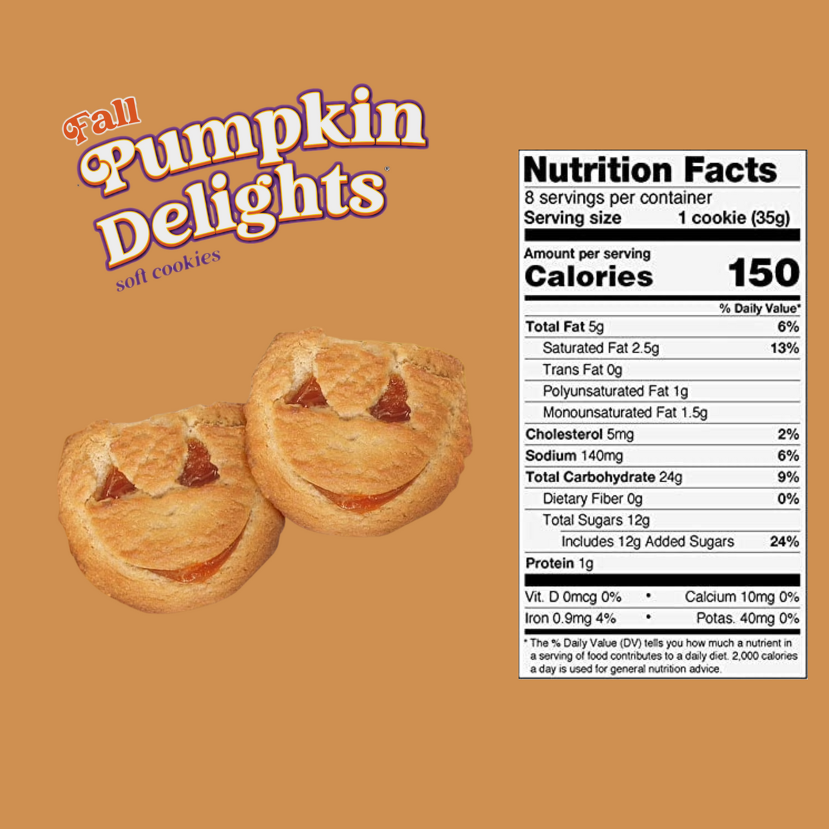 Little Debbie Pumpkin Delights nutrition facts showing 150 calories per individually wrapped soft pumpkin cookie.