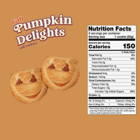 Little Debbie Pumpkin Delights nutrition facts showing 150 calories per individually wrapped soft pumpkin cookie.