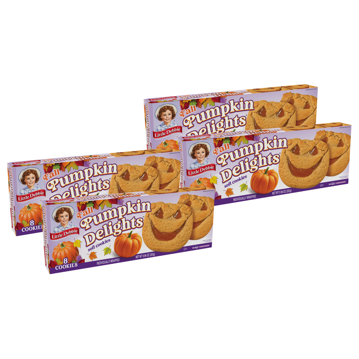 Four boxes of Little Debbie Pumpkin Delights containing 32 individually wrapped pumpkin-filled fall cookies.
