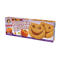 Left-angle view of a Little Debbie Pumpkin Delights box with eight individually wrapped pumpkin-filled soft cookies.