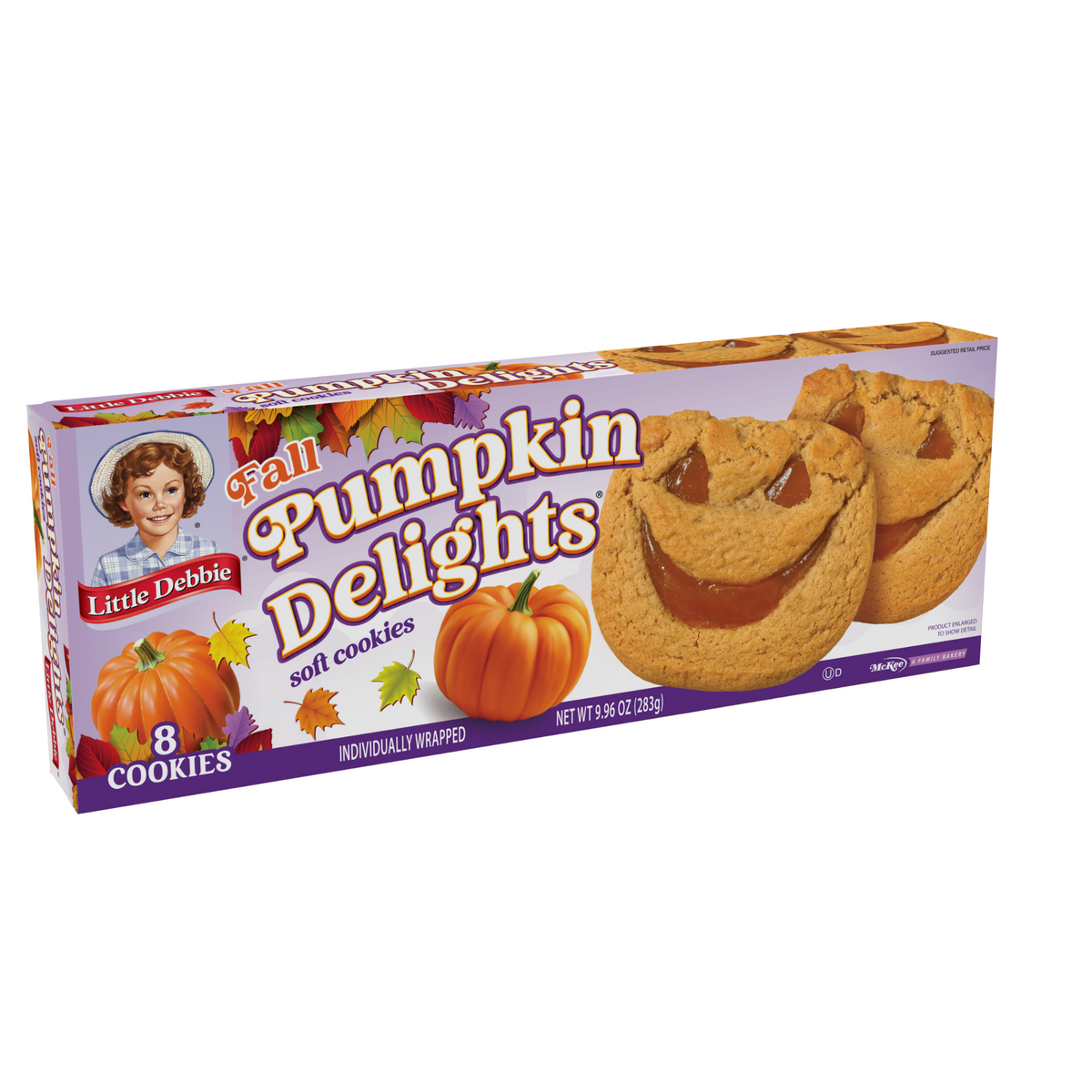 Right-angle view of Little Debbie Pumpkin Delights featuring jack-o-lantern soft cookies with spiced pumpkin filling.