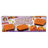 Front view of a Little Debbie Brownie Pumpkins 5-count box with chocolate brownies topped with festive orange icing.