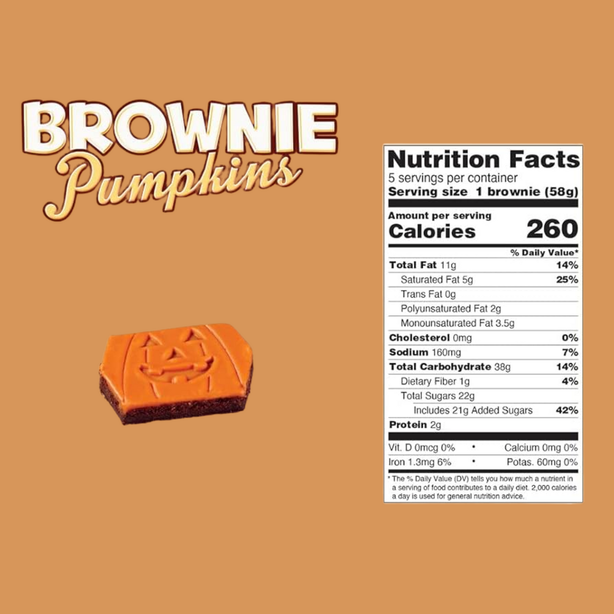Little Debbie Brownie Pumpkins nutrition facts showing 260 calories per individually wrapped 58 g chocolate brownie.
