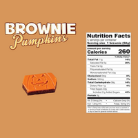 Little Debbie Brownie Pumpkins nutrition facts showing 260 calories per individually wrapped 58 g chocolate brownie.