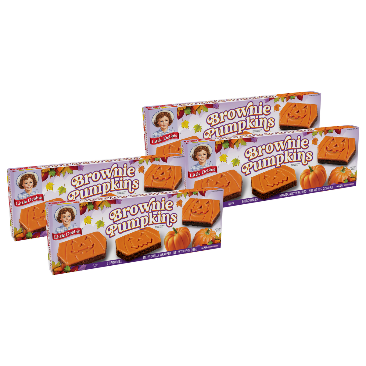Four boxes of Little Debbie Brownie Pumpkins containing 20 individually wrapped orange-iced Halloween brownies.