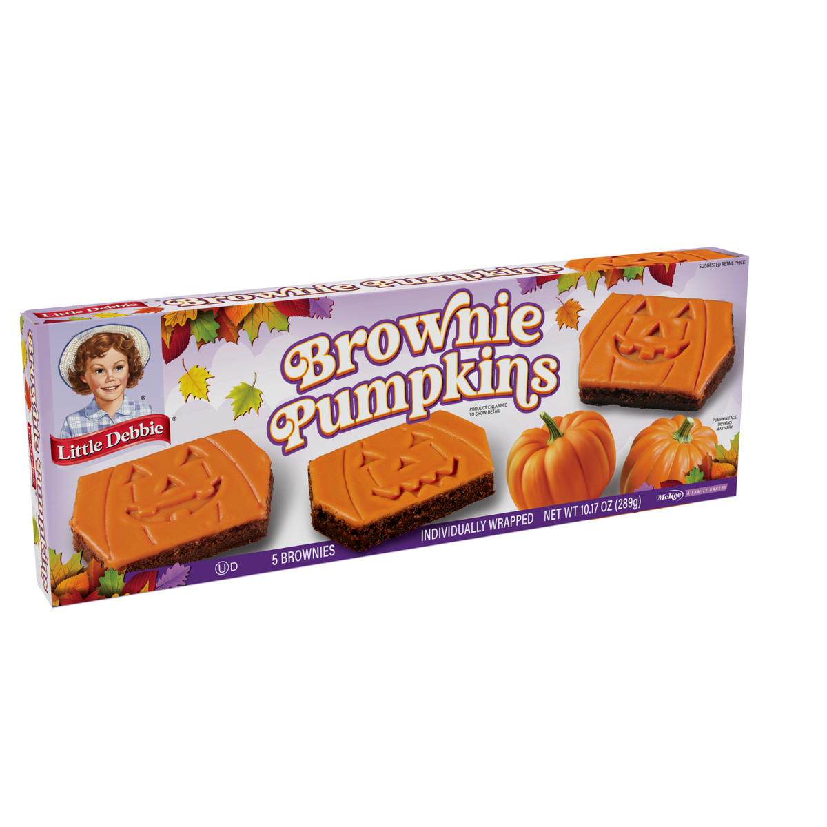 Right-angle view of Little Debbie Brownie Pumpkins featuring individually wrapped fudgy brownies with jack-o-lantern designs.