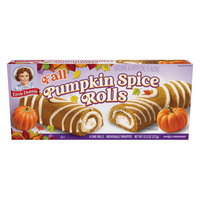 Front view of Little Debbie Pumpkin Spice Rolls 6-count box featuring individually wrapped seasonal cake rolls.