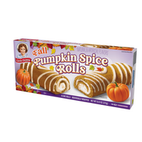 Left-angle view of a Little Debbie Pumpkin Spice Rolls box with creme-filled cakes and white icing drizzle.
