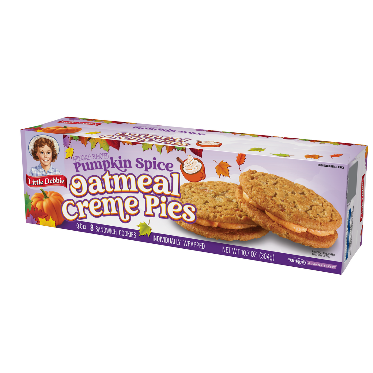 Left-angle view of a Little Debbie Pumpkin Spice Oatmeal Creme Pies 8-count box of individually wrapped sandwich cookies.